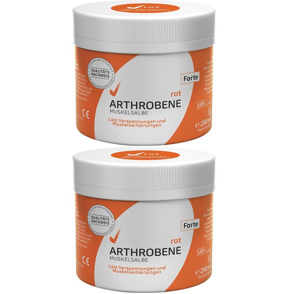 Zwei Dosen Arthrobene Muskelsalbe rot Forte, 250ml. Weiße Behälter mit orangefarbenem Etikett.