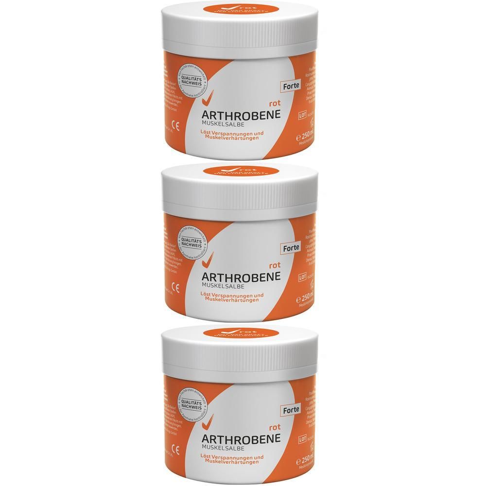 Drei Dosen Arthrobene Muskelsalbe rot Forte mit weißen Deckeln und orangefarbenen Etiketten.