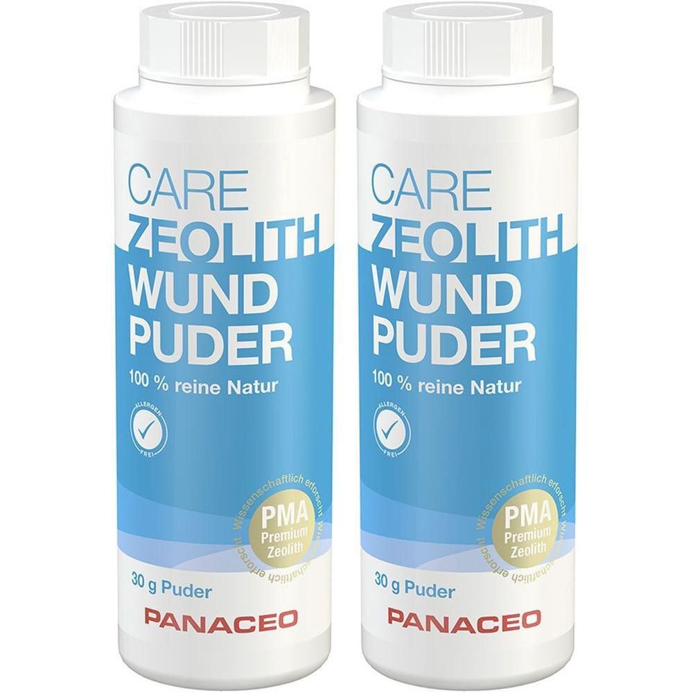 Zwei Flaschen PANACEO CARE ZEOLITH-WUNDPUDER, je 30g. Blaue und weiße Verpackung mit Produktinformationen.