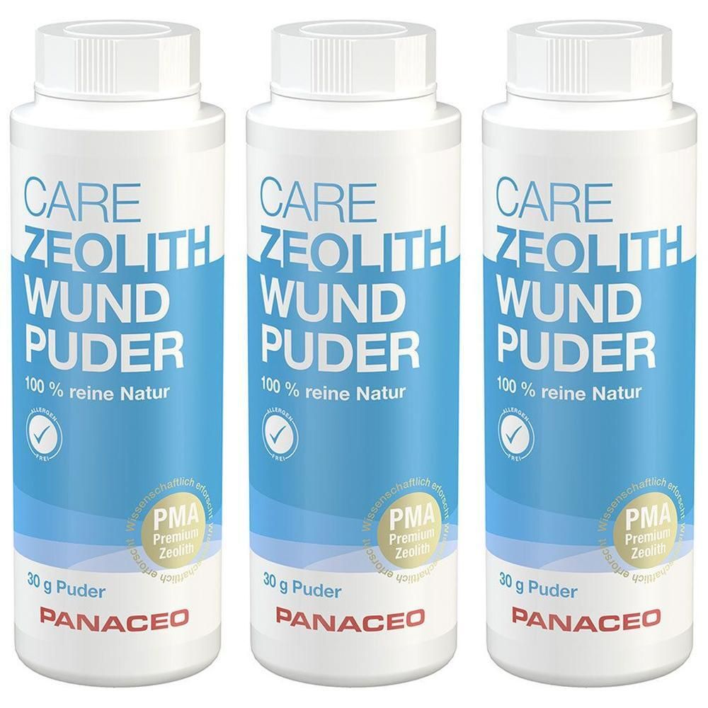Drei Flaschen PANACEO CARE ZEOLITH-WUNDPUDER, je 30g. "100% reine Natur" und "PMA Premium Zeolith" sind aufgedruckt.