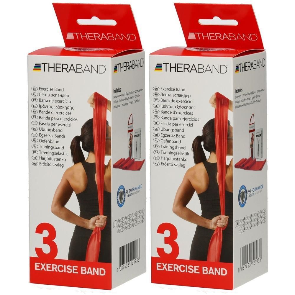 Zwei rote TheraBand Übungsbänder im Karton, mit Abbildung einer Frau, die ein Band benutzt.