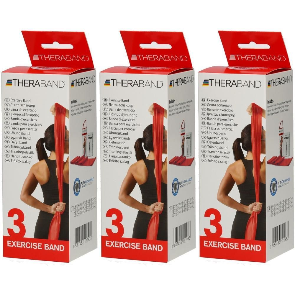 Drei rote TheraBand Übungsbänder in Verpackungen, jeweils mit einer Frau, die das Band benutzt.