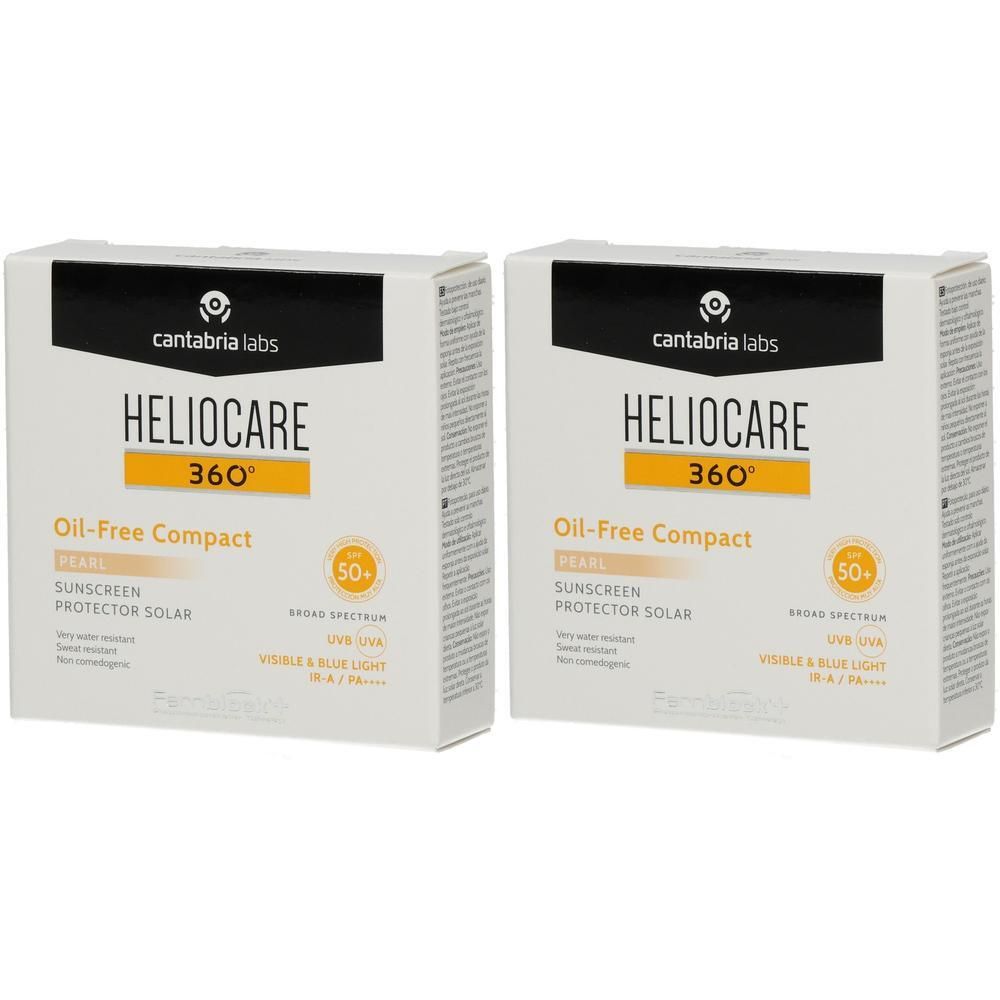 Zwei Packungen Heliocare 360° Oil-Free Compact Pearl SPF 50+ Sonnenschutz.