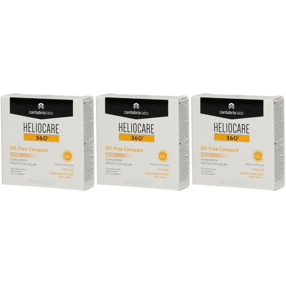 Drei Packungen Heliocare 360° Oil-Free Compact Pearl SPF 50+ Sonnenschutz.