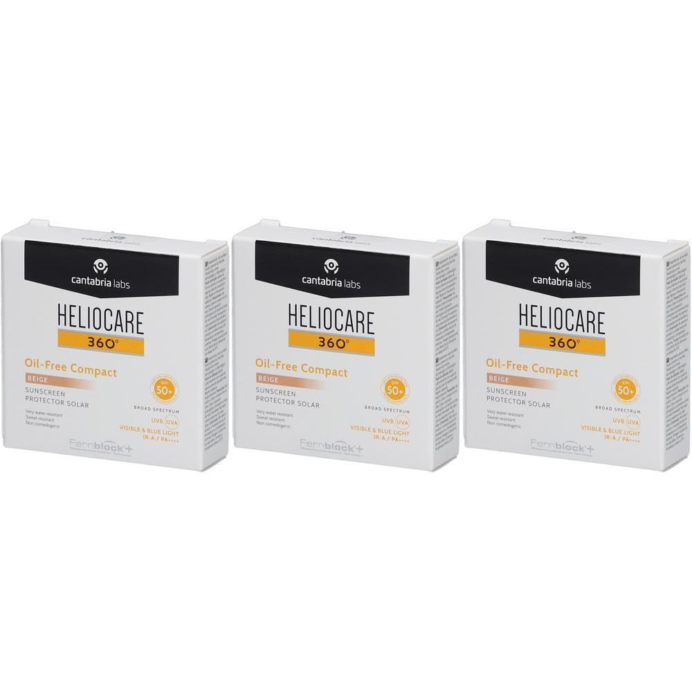 Drei Packungen HELIOCARE 360° Oil-Free Compact Beige LSF 50 Sonnenschutz.