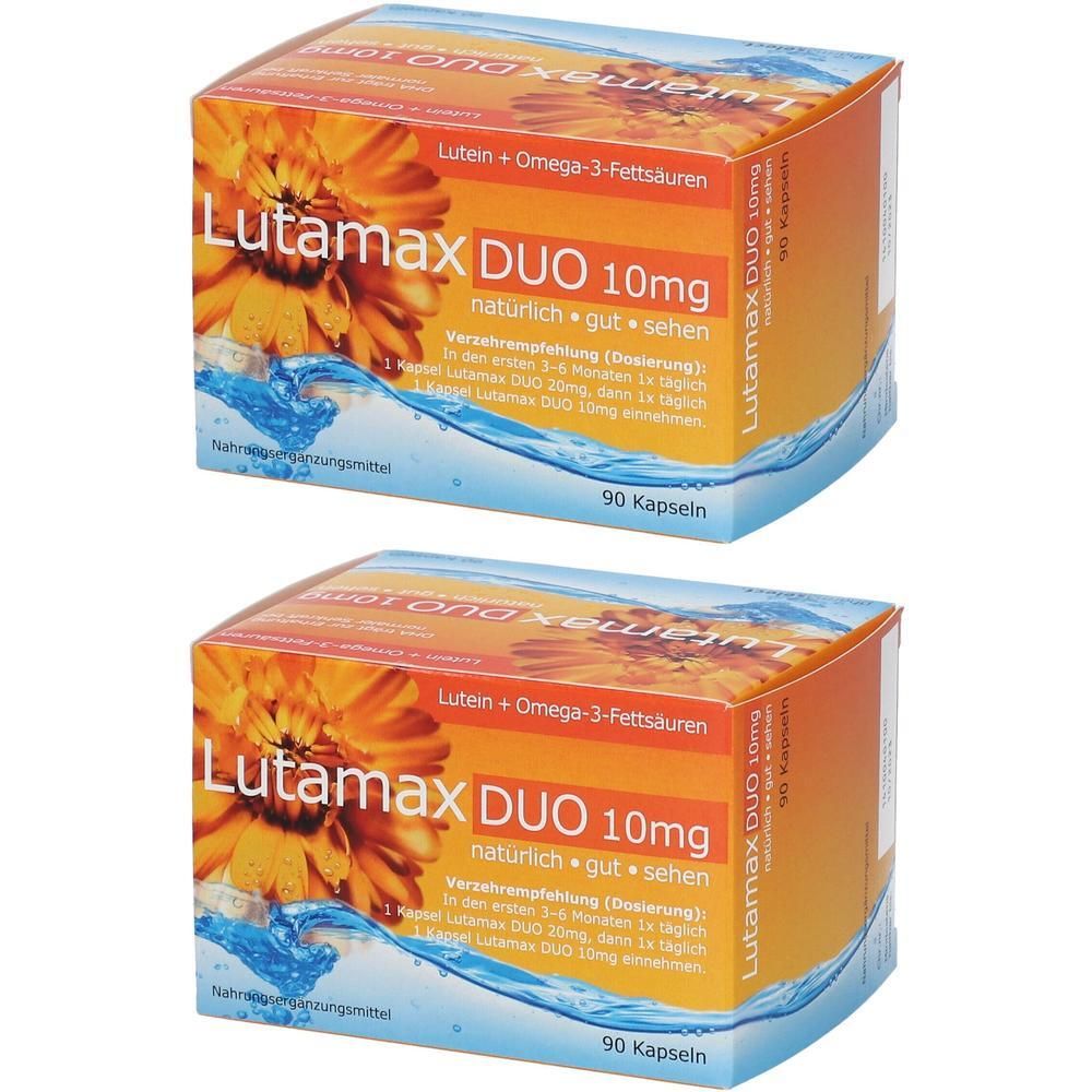 Zwei Packungen Lutamax DUO 10mg mit je 90 Kapseln, Lutein + Omega-3-Fettsäuren.