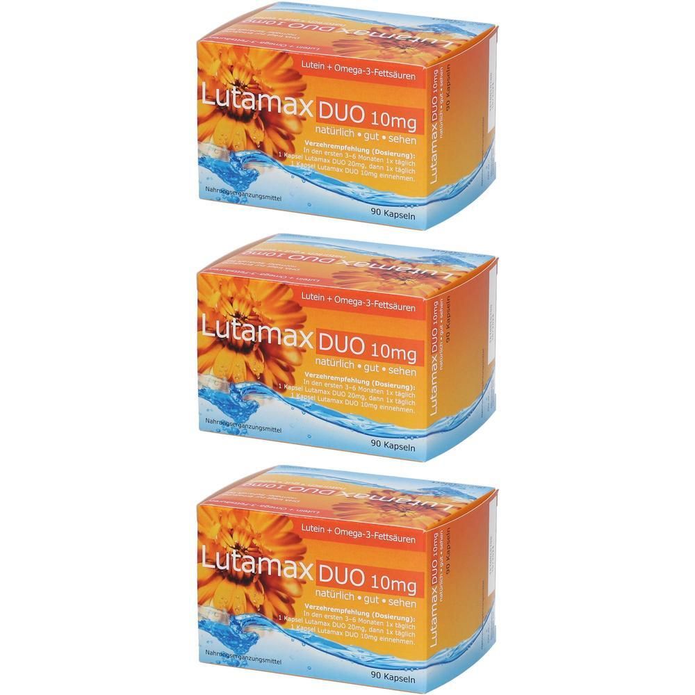 Drei Schachteln Lutamax DUO 10mg mit je 90 Kapseln, Blüte und Wasser-Design.