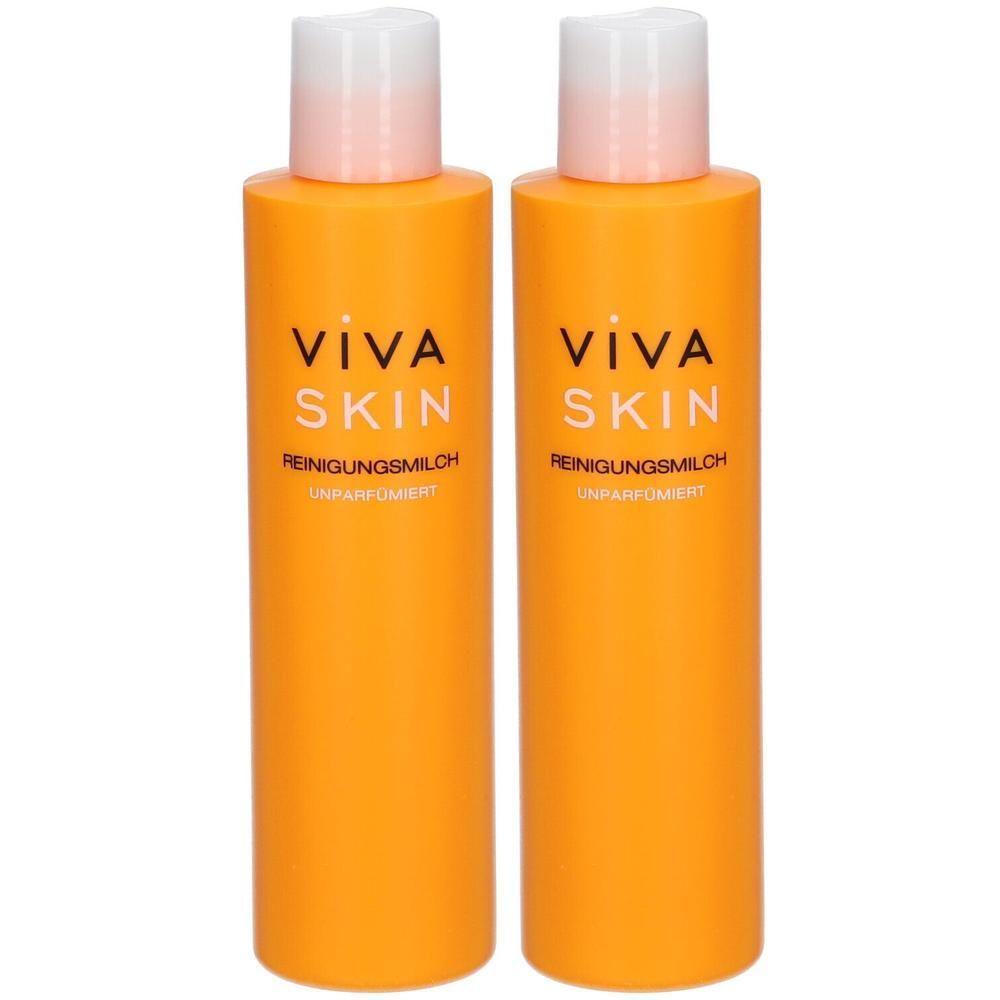 Zwei orangefarbene Flaschen VIVA SKIN Reinigungsmilch unparfümiert mit weißen Verschlüssen.