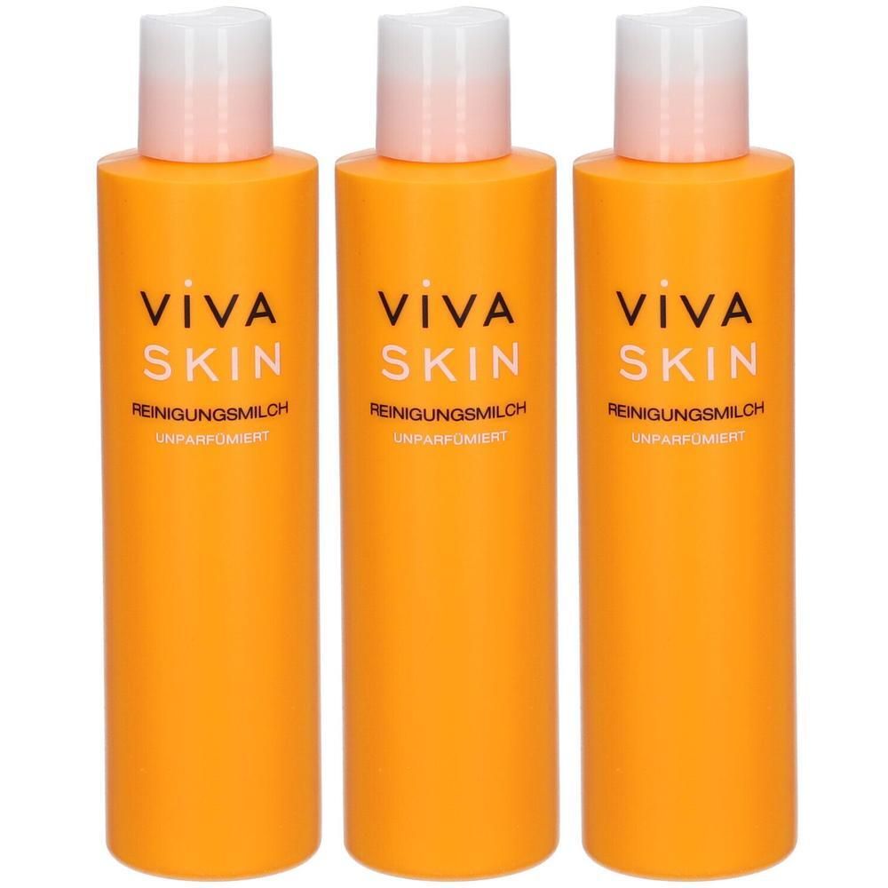 Drei orangefarbene Flaschen VIVA SKIN Reinigungsmilch unparfümiert mit weißen Verschlüssen.