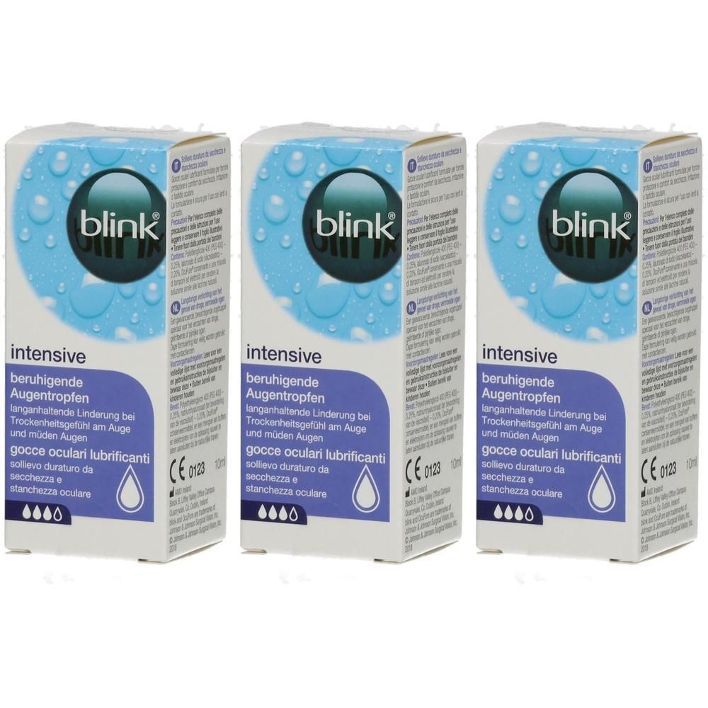 Drei Packungen Blink Intensive Augentropfen mit beruhigender Linderung bei trockenen und müden Augen.