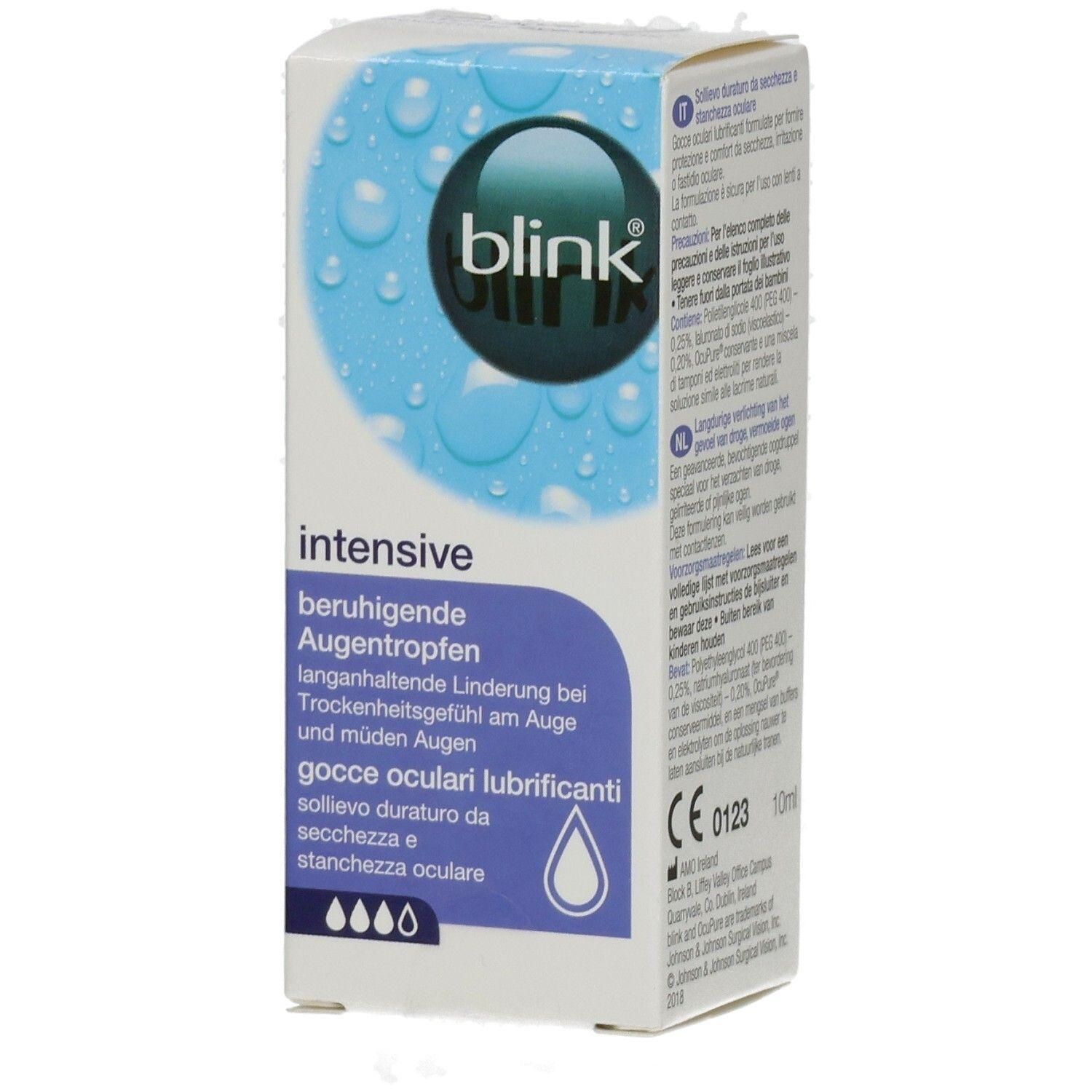 Blink intensive Augentropfen Verpackung mit Wassertropfen-Design. Enthält 10ml.