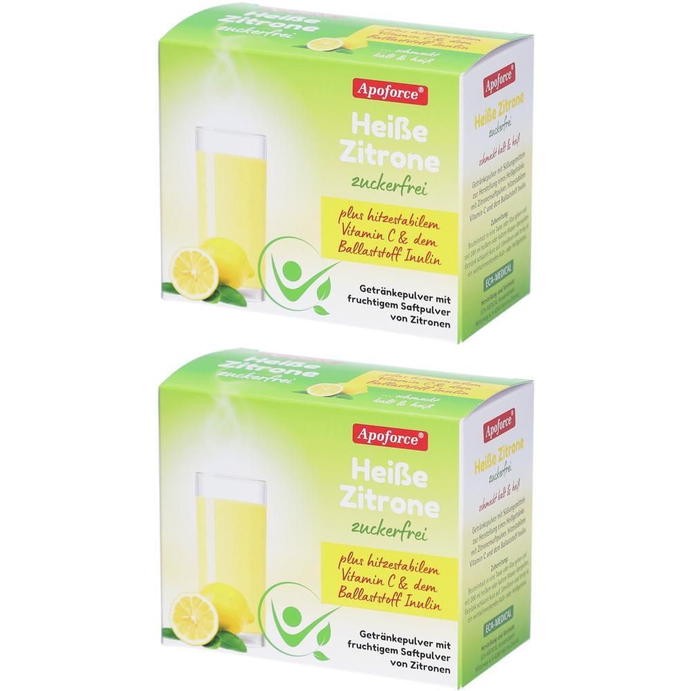 Zwei Packungen ApoFORCE Heiße Zitrone zuckerfrei Getränkepulver mit Vitamin C und Inulin.