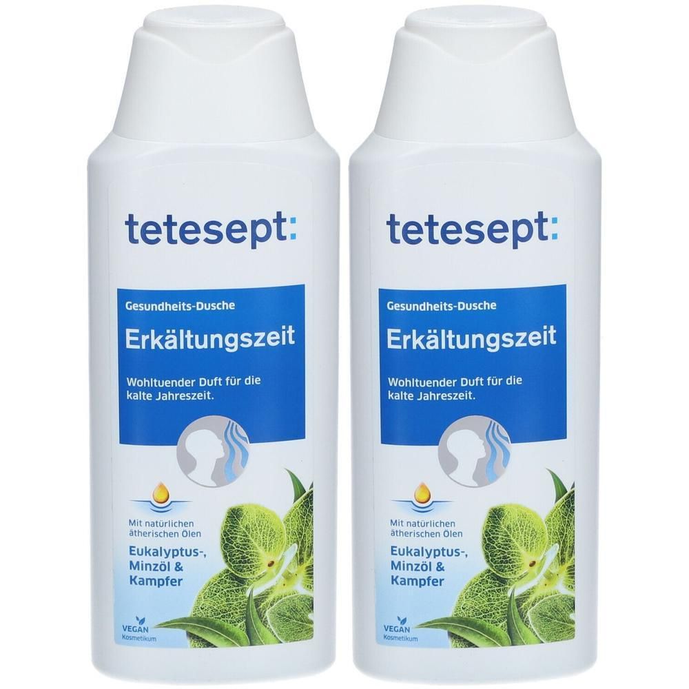 Zwei tetesept® Erkältungszeit Gesundheits-Duschen mit Eukalyptus, Minzöl und Kampfer.