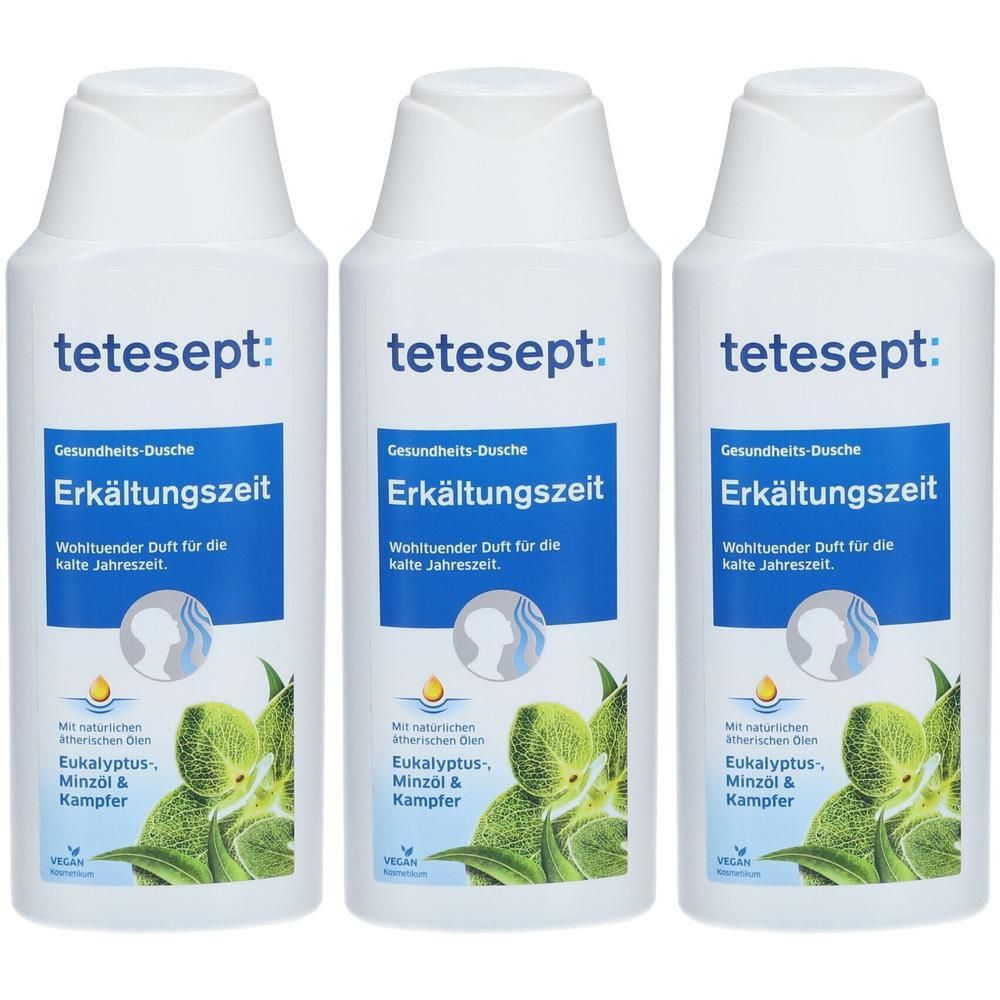 Drei tetesept® Gesundheits-Duschen Erkältungszeit mit Eukalyptus, Minzöl & Kampfer. Weiße Flaschen mit blauem Etikett.