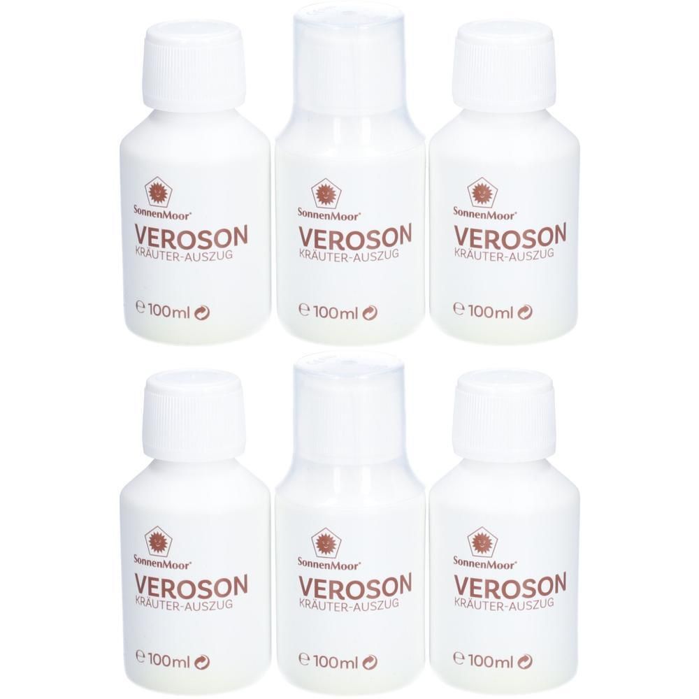 Sechs weiße Flaschen SonnenMoor VEROSON Kräuter-Auszug, je 100ml.