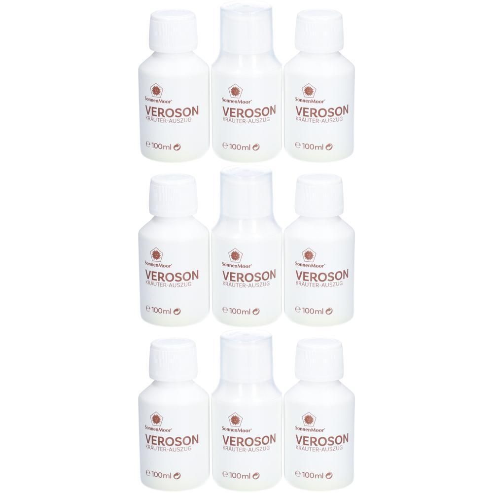 Neun weiße Flaschen mit SonnenMoor VEROSON Kräuter-Auszug, jeweils 100ml.