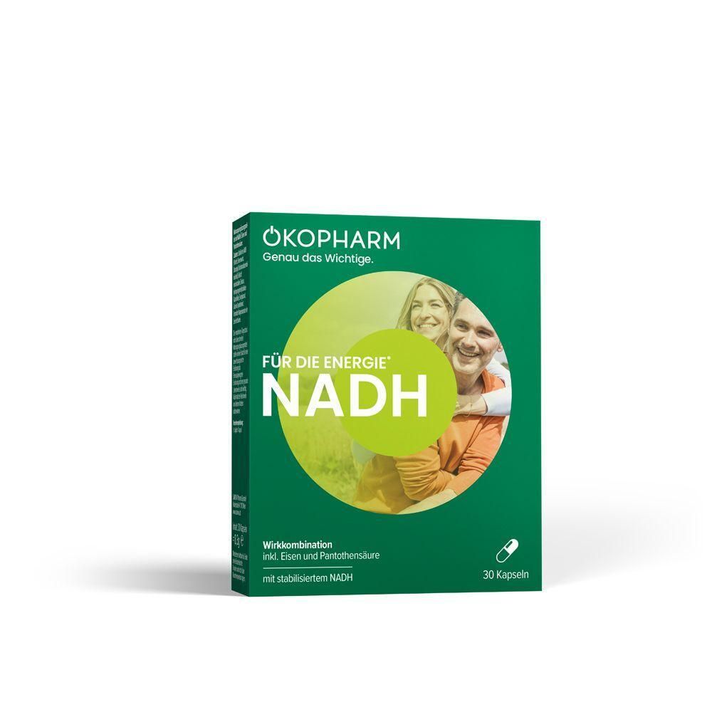Grüne Verpackung für ÖKOPHARM NADH Wirkkombination mit 30 Kapseln.