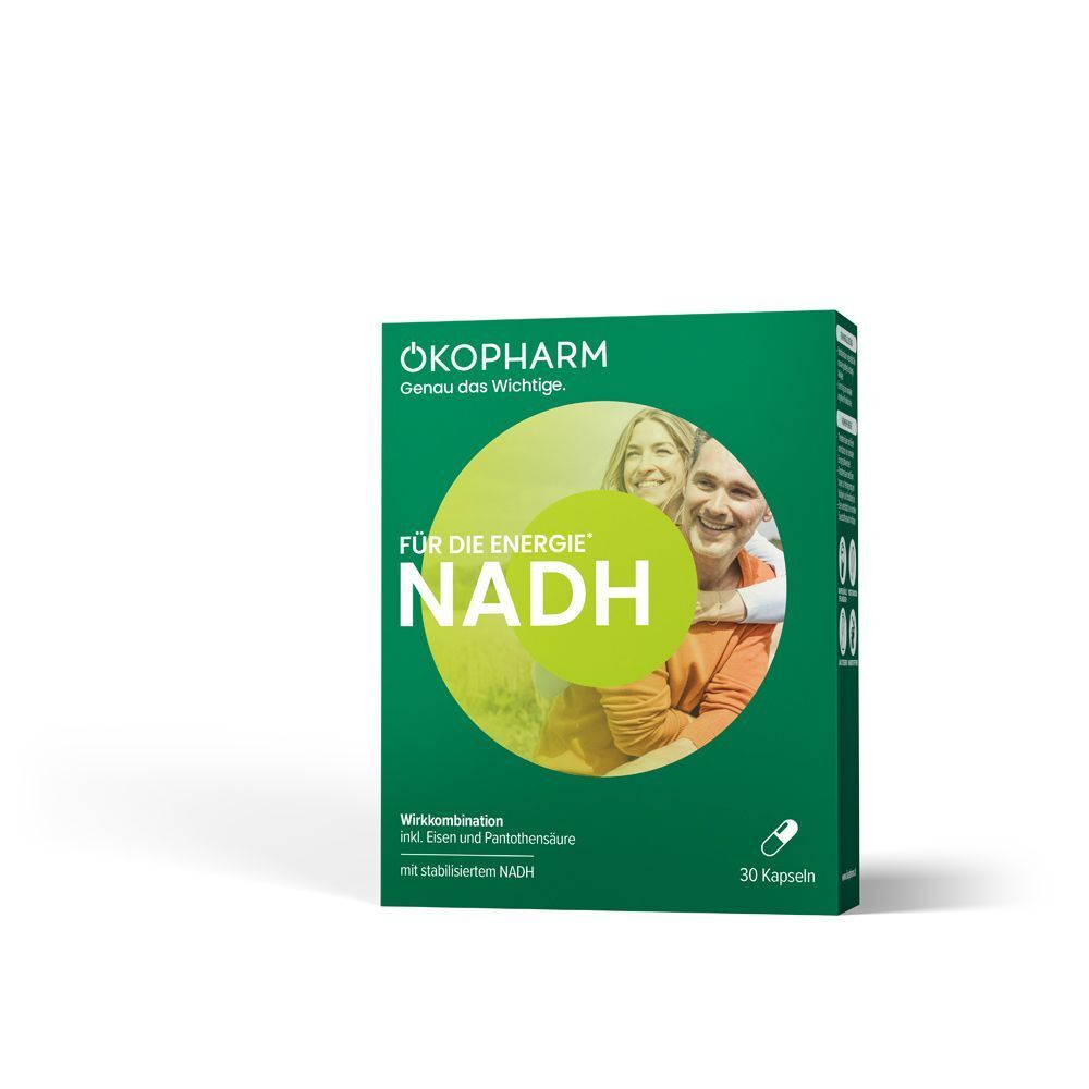 Grüne Verpackung für ÖKOPHARM NADH Wirkkombination mit 30 Kapseln.
