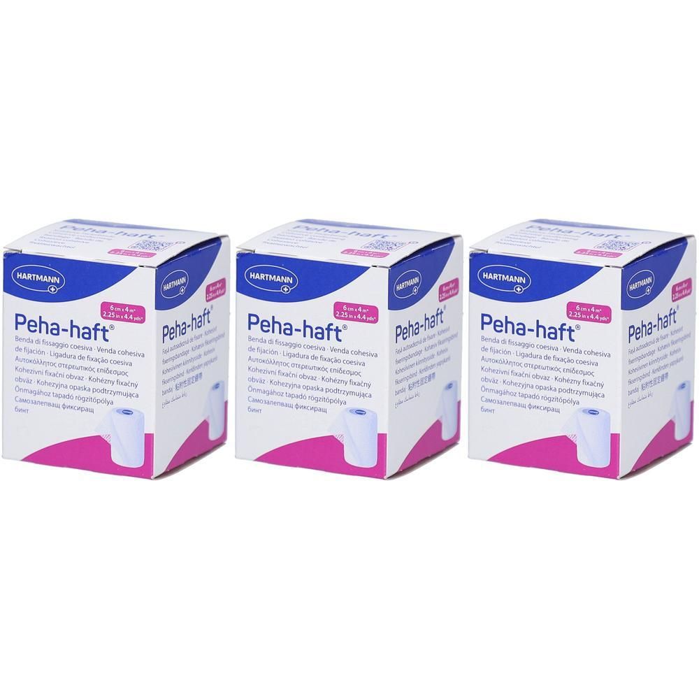 Drei Schachteln Peha-haft® selbsthaftende Binden, 6 cm x 4 m. Hartmann-Logo und Produktname sichtbar.