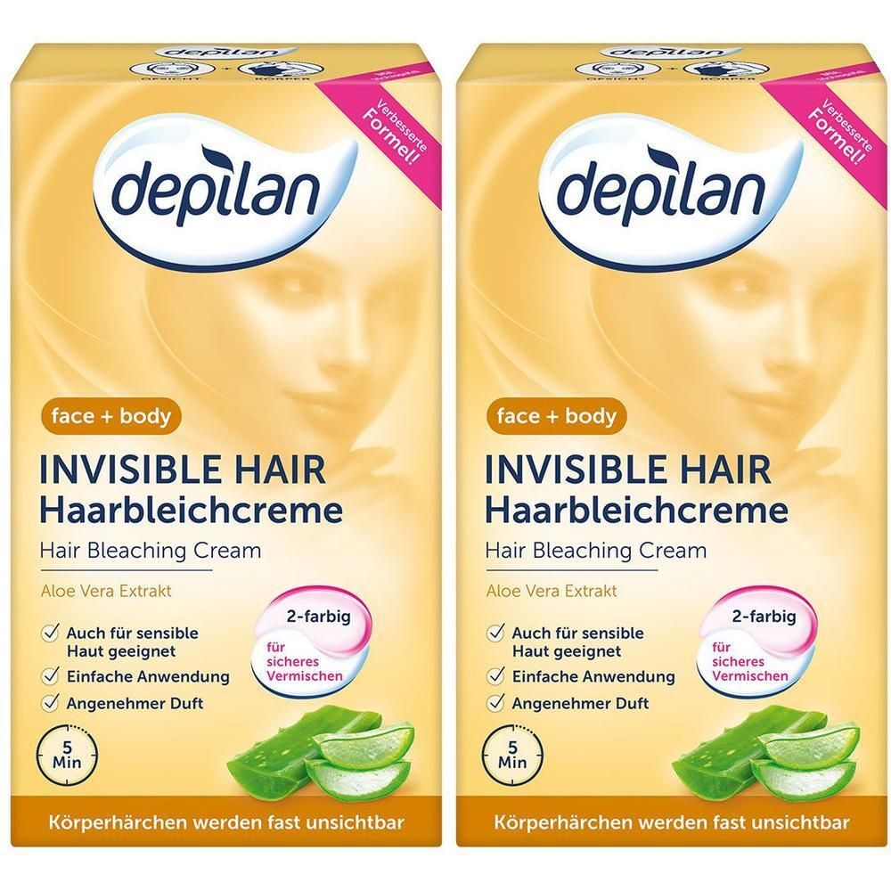 Zwei Packungen Depilan Invisible Hair Bleichcreme für Gesicht und Körper, mit Aloe Vera Extrakt.