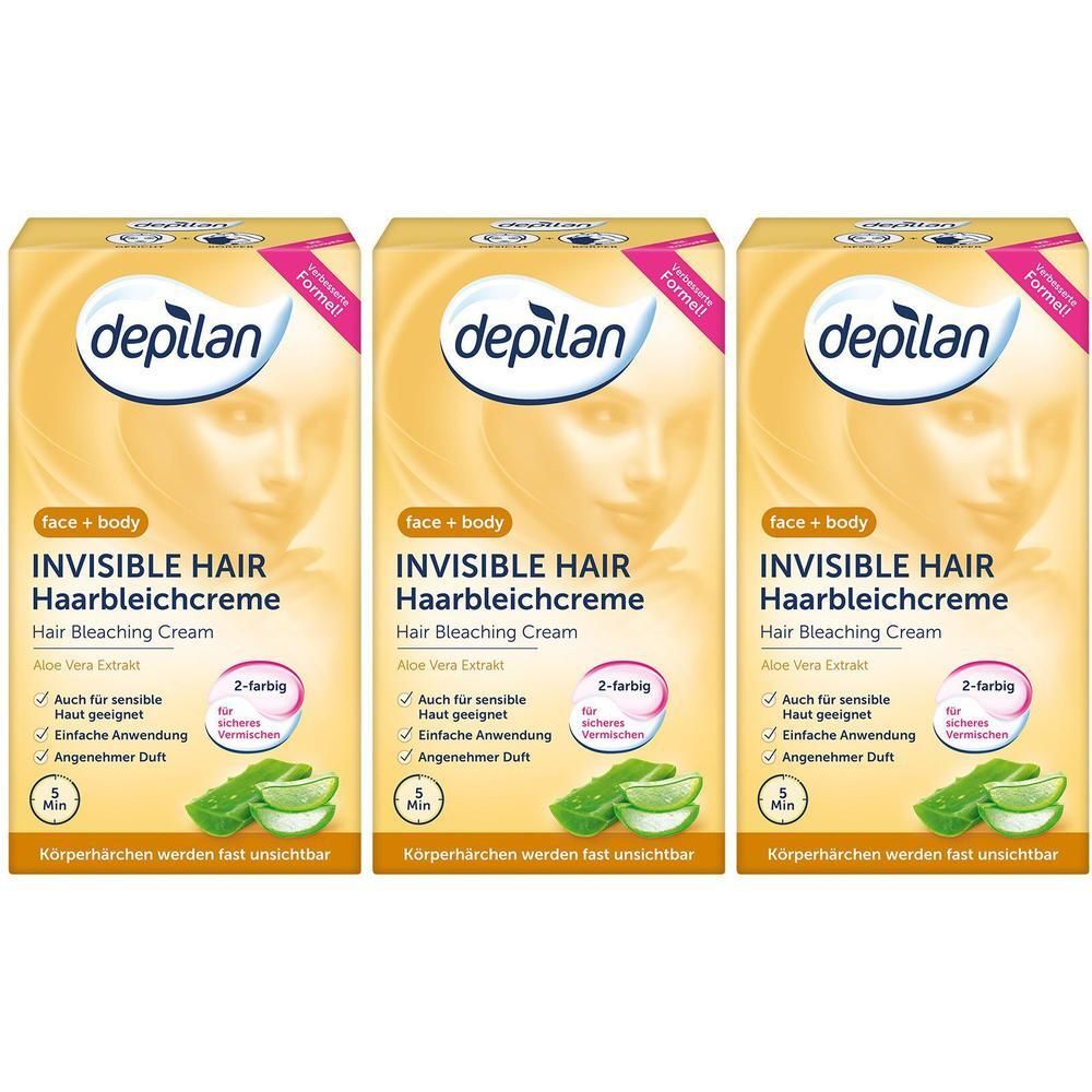 Drei Packungen depilan Invisible Hair Haarbeschichtungscreme mit Aloe Vera Extrakt. Für Gesicht und Körper.