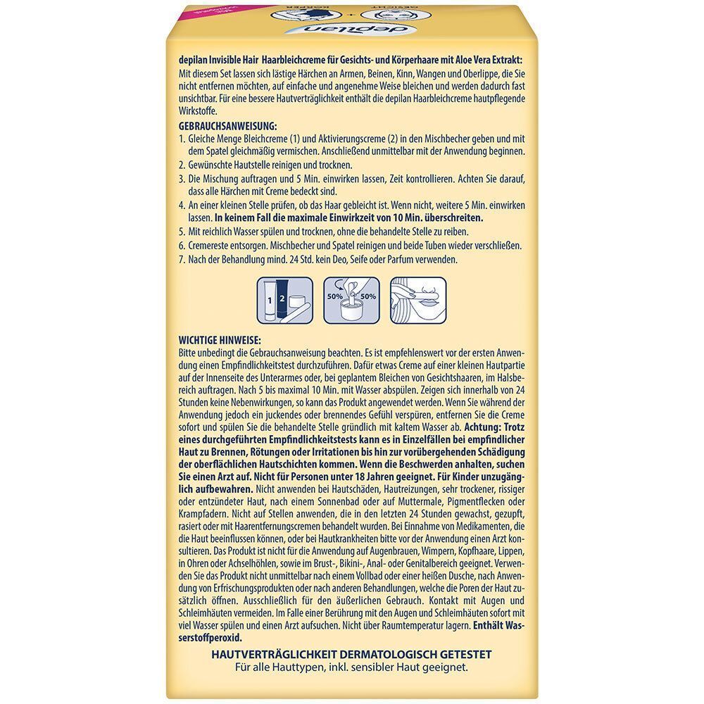 Rückseite einer Packung depilan Invisible Hair Haarbeschichtungscreme mit Anwendungshinweisen und wichtigen Hinweisen.
