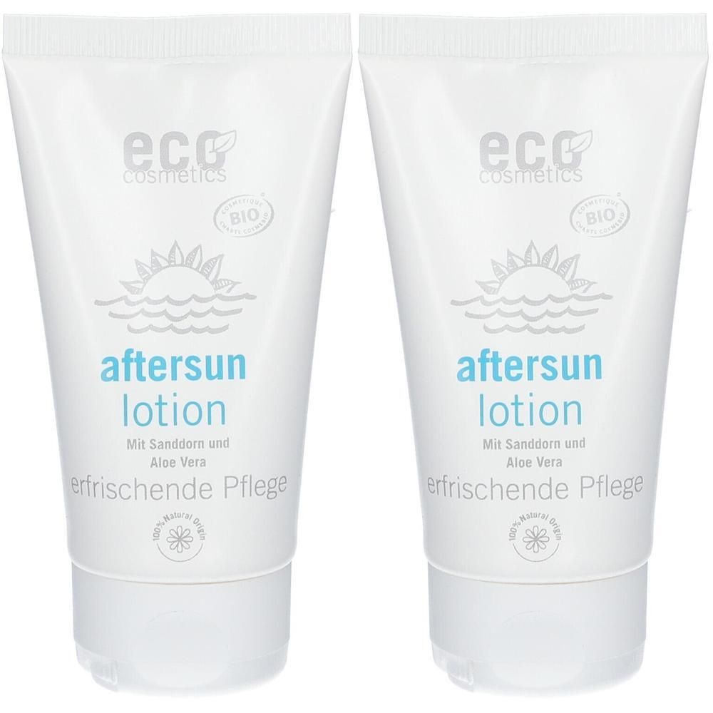 Zwei Tuben "eco cosmetics AfterSun Lotion" mit Sanddorn und Aloe Vera.