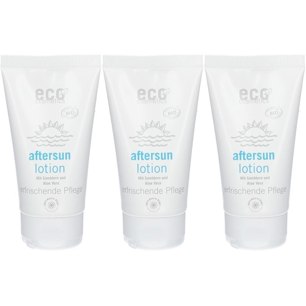 Drei Tuben AfterSun Lotion von eco cosmetics mit Aloe Vera und Sanddorn. Erfrischende Pflege.