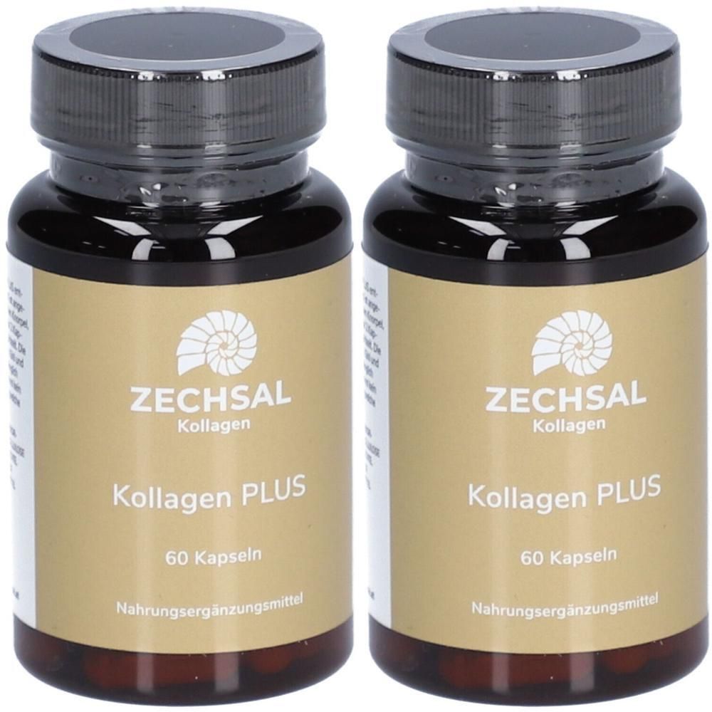 Zwei Flaschen ZECHSAL Kollagen PLUS Kapseln, je 60 Kapseln.