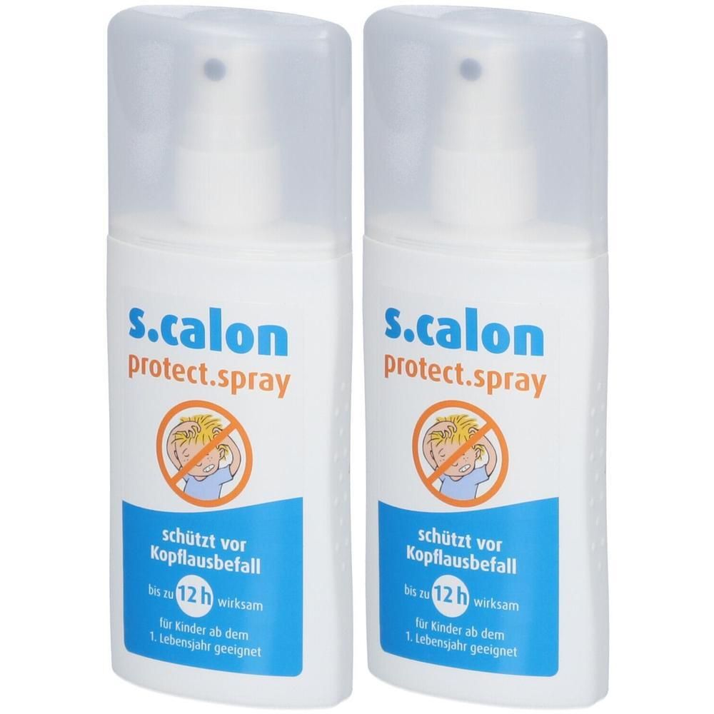Zwei weiße Sprühflaschen S.Calon Protect Spray mit transparenten Kappen. Beschriftung zeigt Kindersymbol und Text zu Kopflausbefall.