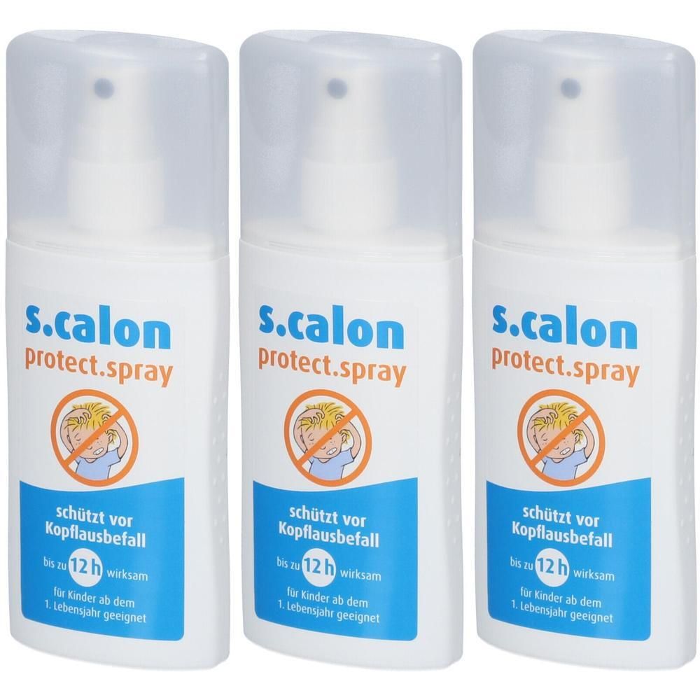 Drei weiße Sprühflaschen mit S.Calon protect.spray Beschriftung und Kindersymbol.