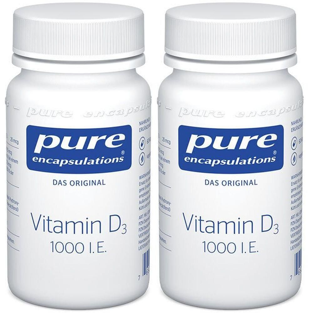Zwei weiße Flaschen Vitamin D3 1000 I.E. von pure encapsulations®.