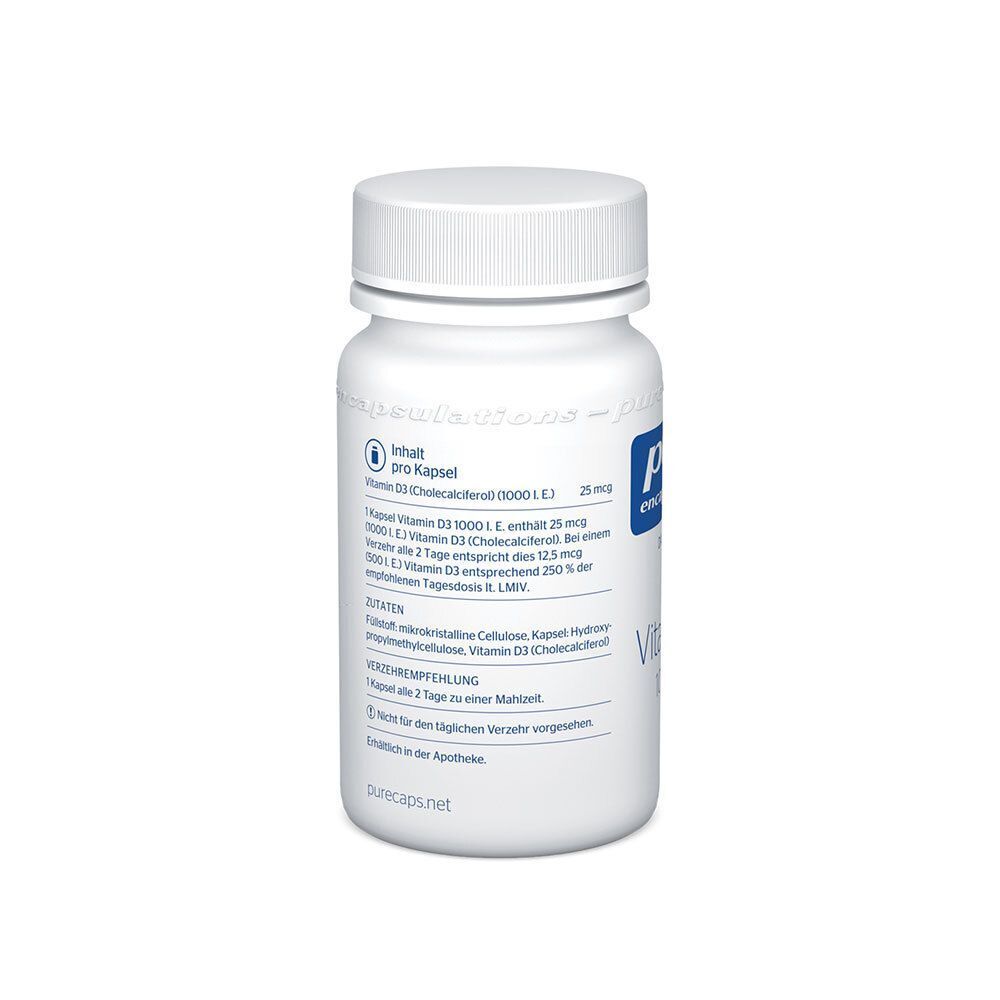 Rückseite einer Flasche Vitamin D3 1000 I.E. von pure encapsulations®. Enthält 25 mcg Vitamin D3 pro Kapsel.