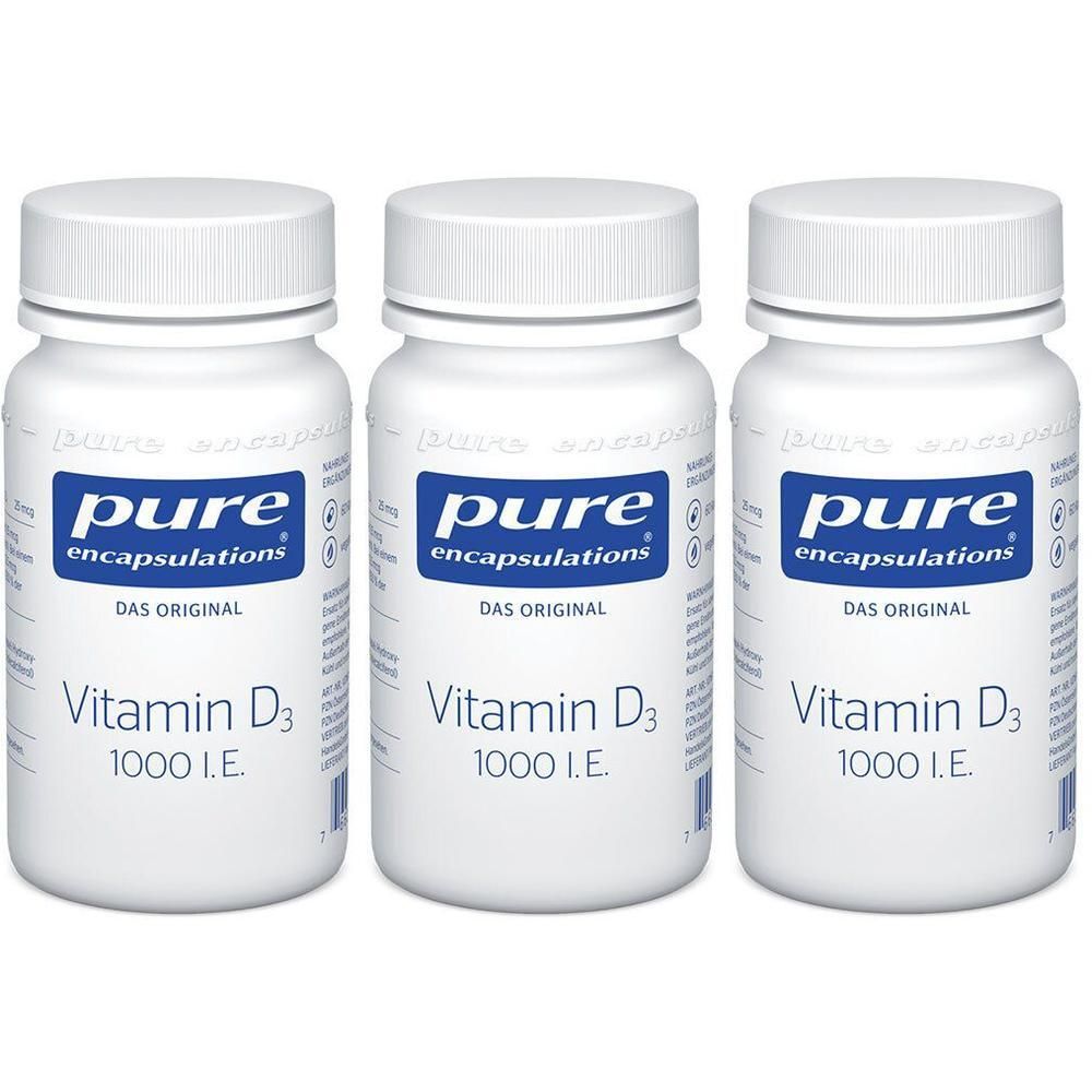 Drei Flaschen Pure Encapsulations Vitamin D3 1000 I.E. mit weißen Schraubverschlüssen und Etiketten.