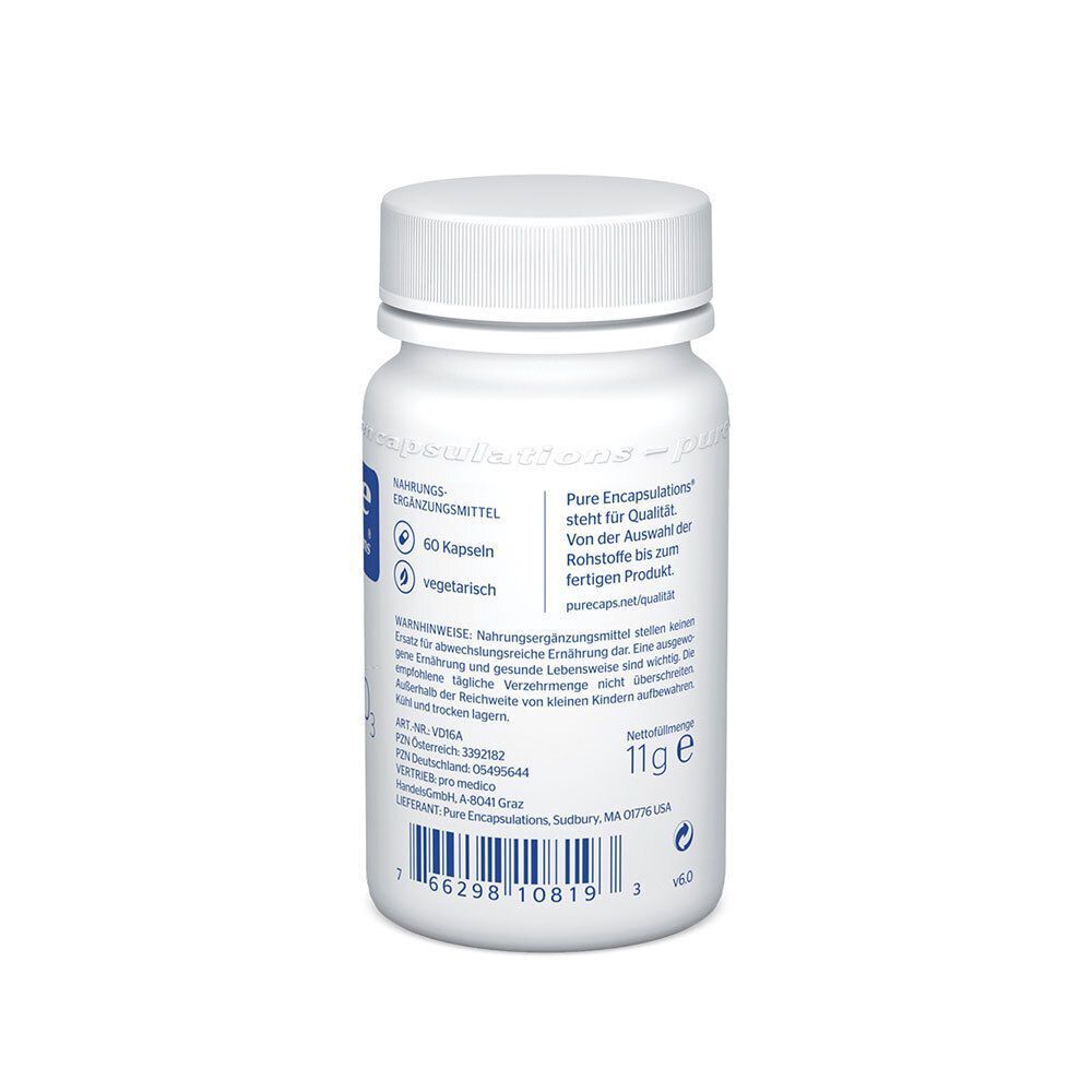 Rückseite einer Flasche Pure Encapsulations Vitamin D3 1000 I.E. mit Nährwertangaben und Barcode.