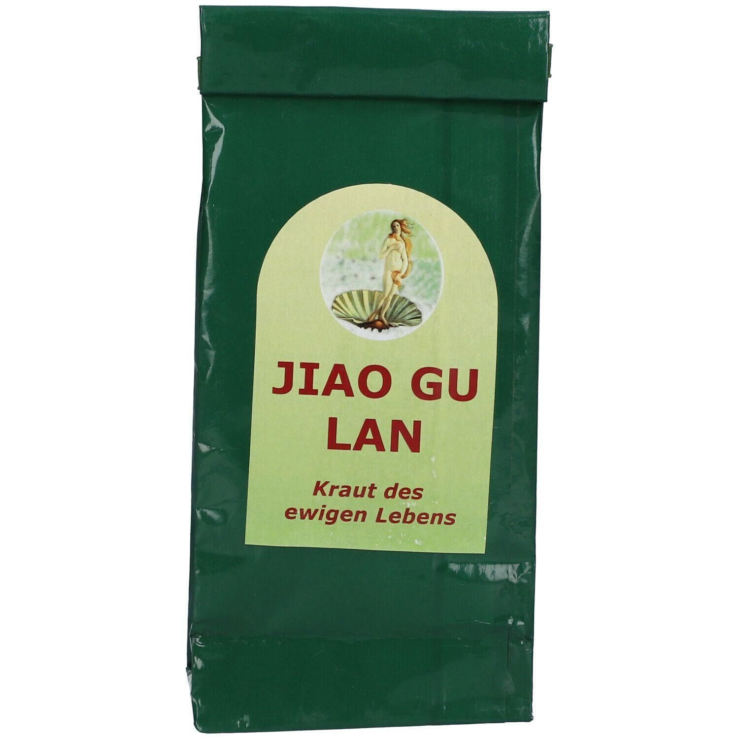 Grüne Packung mit JIAO GU LAN Aufdruck und einer Abbildung von Venus auf einer Muschel.