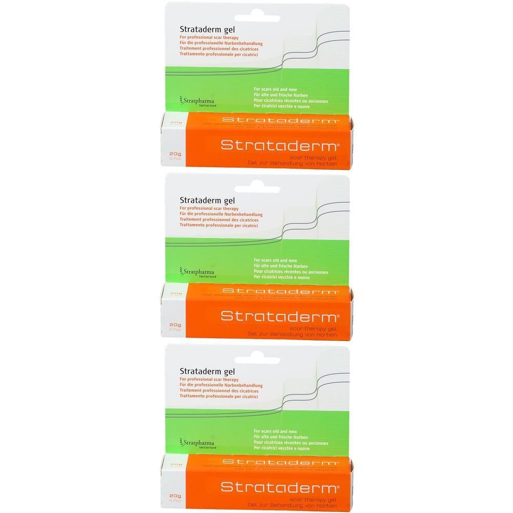 Drei Packungen Strataderm Gel für professionelle Narbentherapie. Orangefarbene und grüne Verpackung mit Produktnamen.