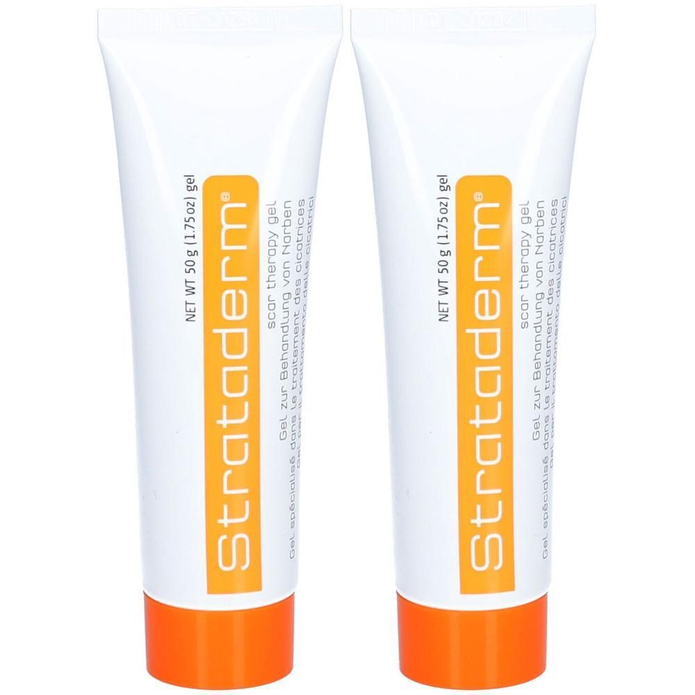 Zwei weiße Tuben Strataderm Silikongel mit orangefarbenen Verschlüssen. Jede Tube enthält 50g.