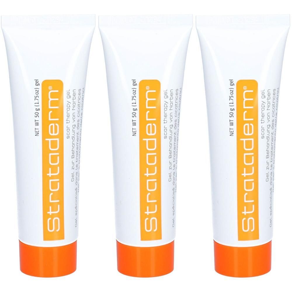 Drei Tuben Strataderm Silikongel mit orangefarbenem Verschluss und weißem Körper.
