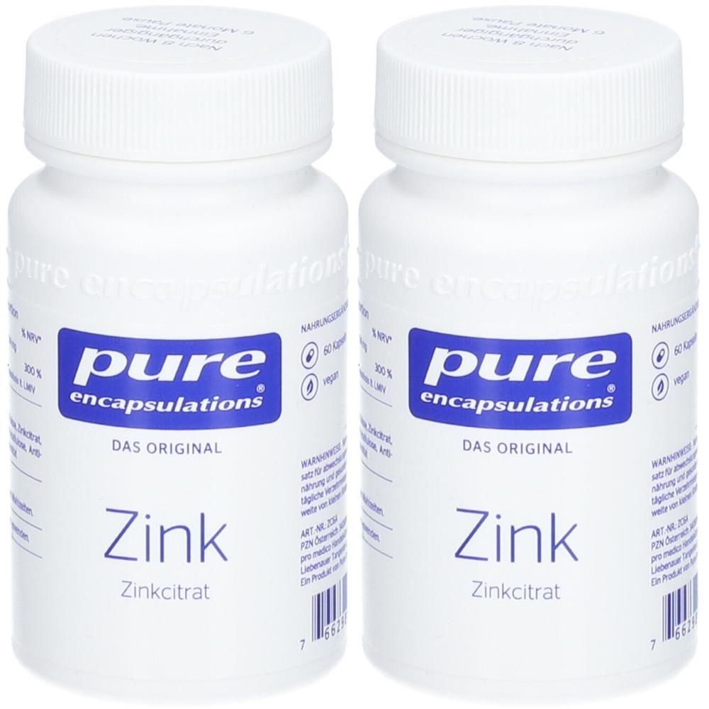 Zwei weiße Flaschen "pure encapsulations Zink Zitrat".