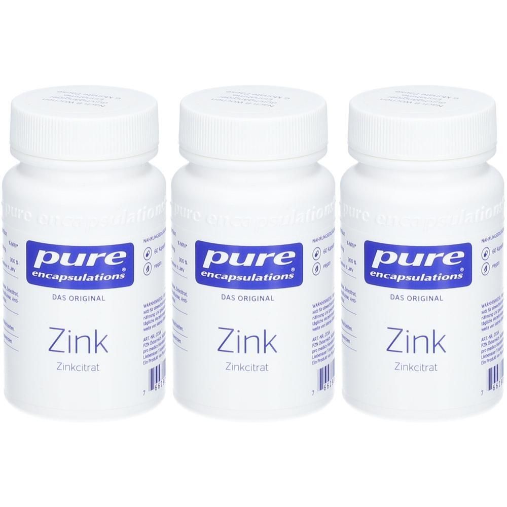 Drei weiße Behälter mit Pure Encapsulations Zink-Zinkcitrat.