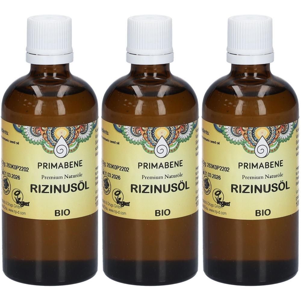 Drei Flaschen PRIMABENE Rizinusöl BIO mit weißen Verschlüssen und gelben Etiketten.