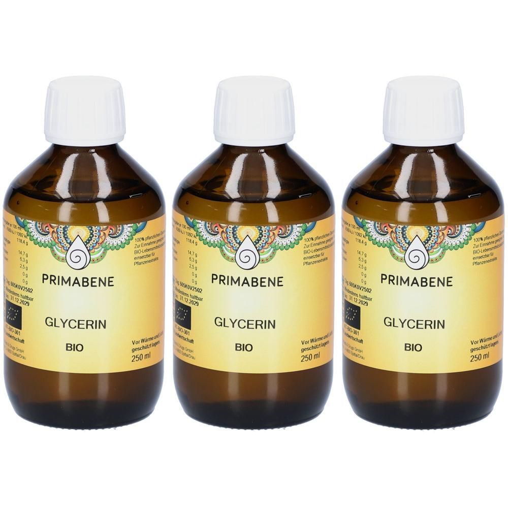 Drei braune Glasflaschen mit weißem Verschluss, gefüllt mit PRIMABENE Glycerin BIO.