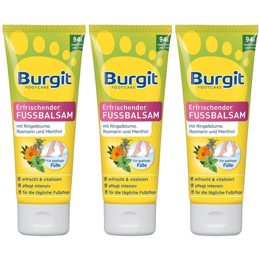 Drei Tuben Burgit Fußbalsam mit Ringelblume, Rosmarin und Menthol für gepflegte Füße.