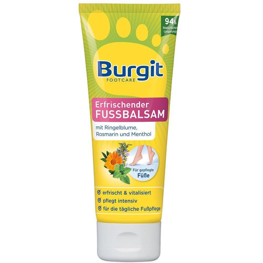 Burgit Fußpflege: Erfrischender Fußbalsam mit Ringelblume, Rosmarin und Menthol in gelber Tube.