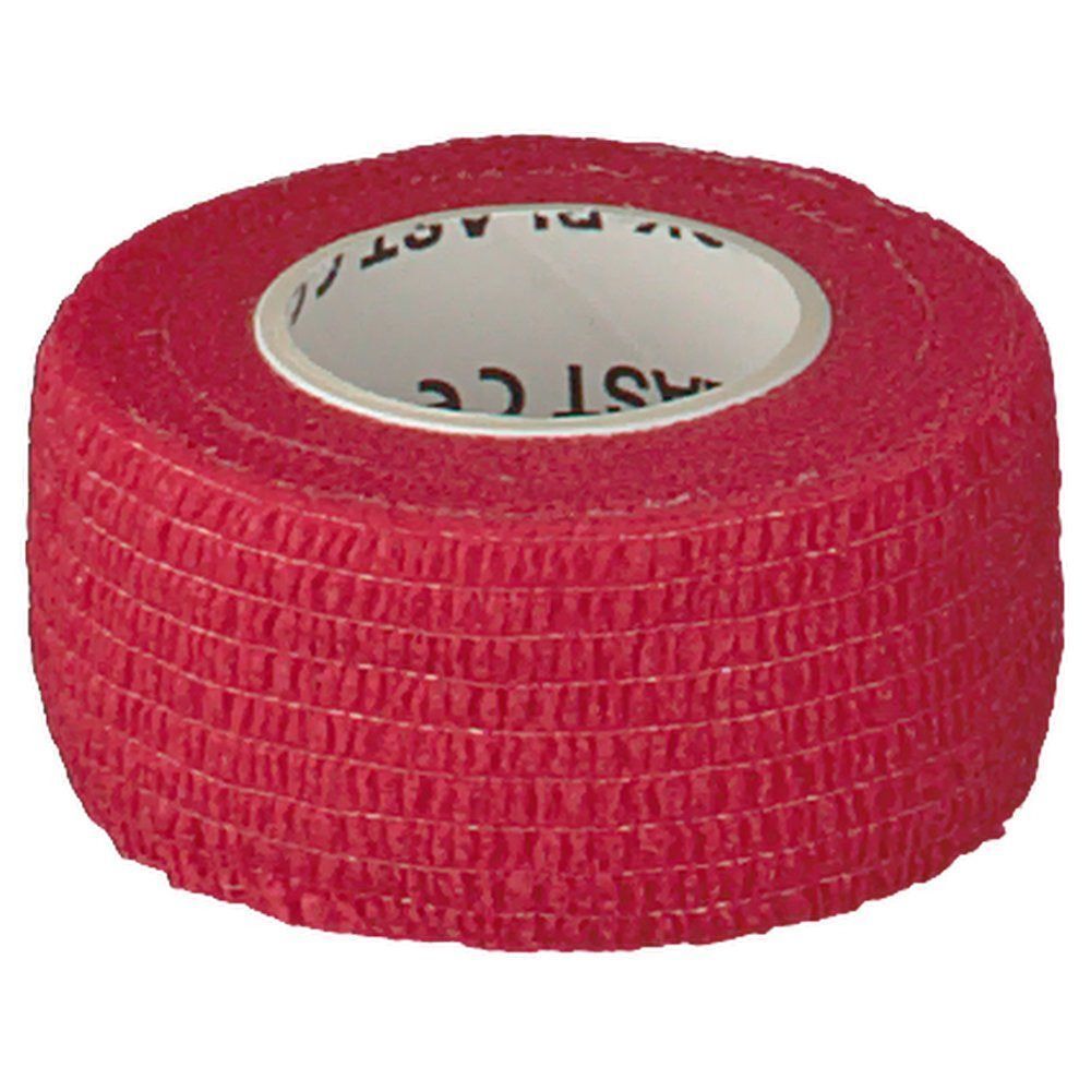 Rotes, selbsthaftendes Verbandmaterial auf einer Rolle, mit Aufdruck 'OK-PLAST' und CE-Zeichen.