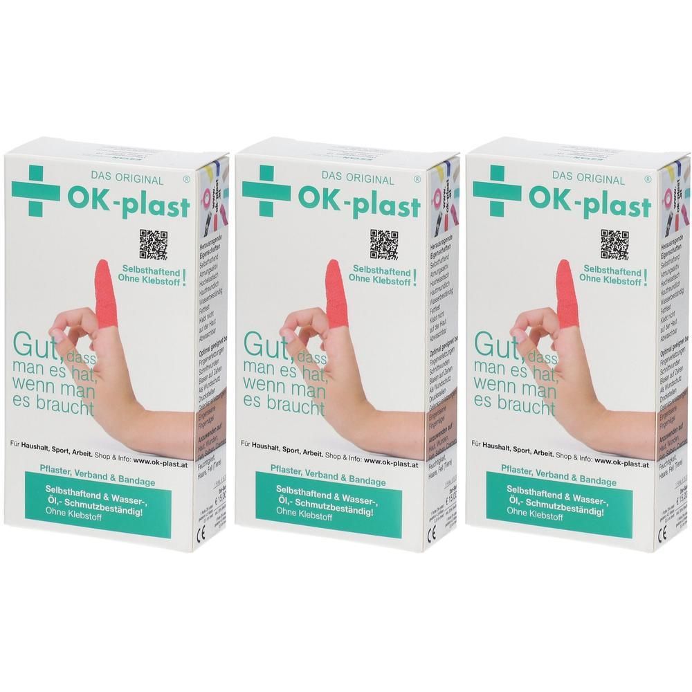 Drei Packungen OK-Plast Selbstklebeband. Eine Packung zeigt einen Finger mit rotem Verband.