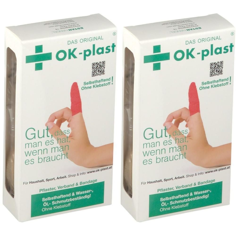 Zwei Packungen OK-plast Pflaster + Fingerverband. Selbsthaftend, wasser- und schmutzbeständig.