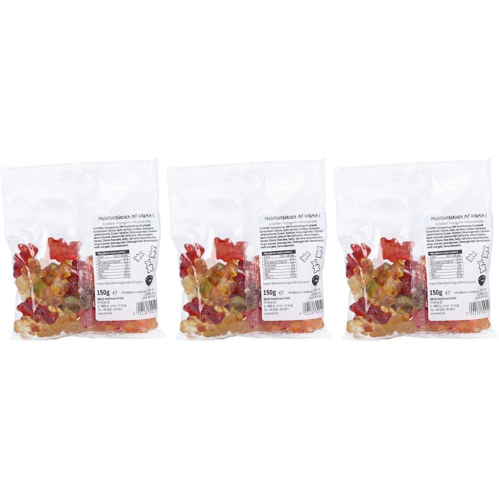 Drei Beutel Fruchtgummi-Bären in verschiedenen Farben und Formen.
