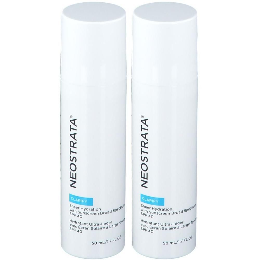 Zwei weiße Flaschen NEOSTRATA CLARIFY Sheer Hydration mit LSF 40.